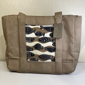 Turtle Bag Stylish Tan Tote Bag with Fish Design